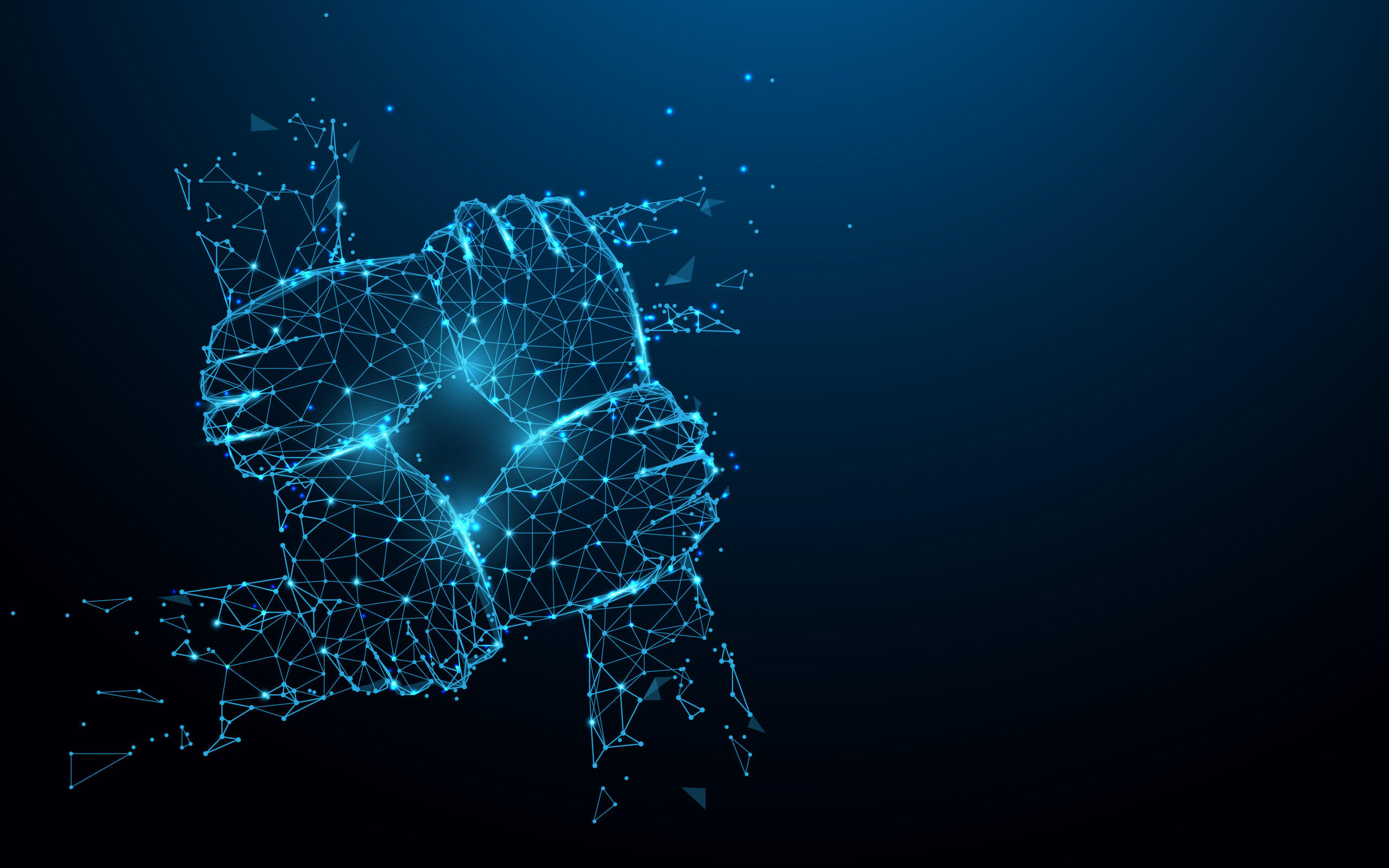 Hand united together form lines, triangles and particle style de