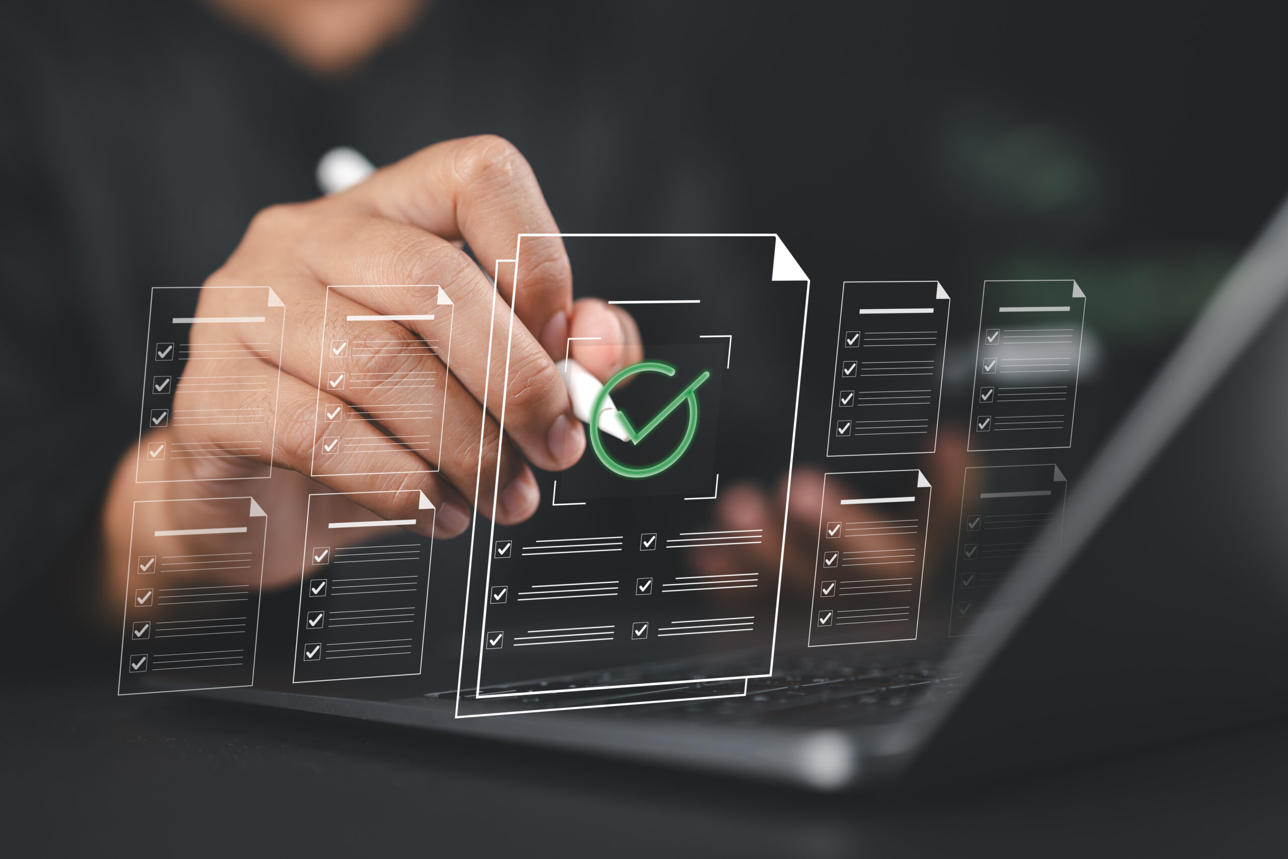 Businessman finger selecting digital document with check mark icon, representing paperless workflow, approval process, document management, e-signature and modern business operation.